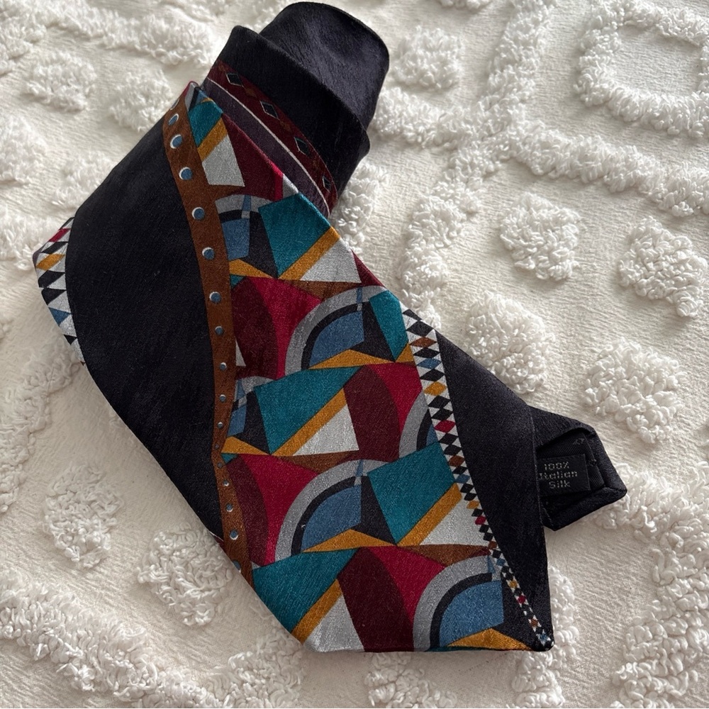 Vintage 80s 90s Bugatti Silk Geometric Abstract Print Tie